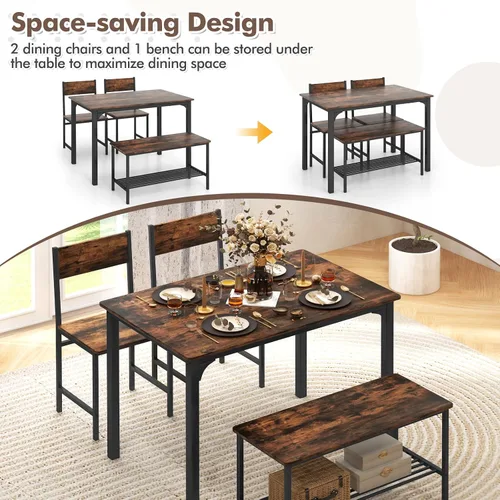 Miniatura 4 de GOFLAME Juego de mesa de comedor de 4 piezas para 4, mesa de cocina industrial con 2 sillas y banco, juego de mesa de desayuno que ahorra espacio