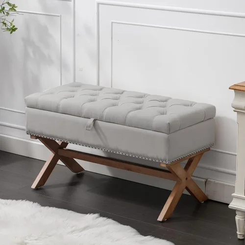Bonzy Home Banco de entrada acolchado de 36" con almacenamiento, banco de dormitorio vintage francés con patas en forma de X, banco otomano de