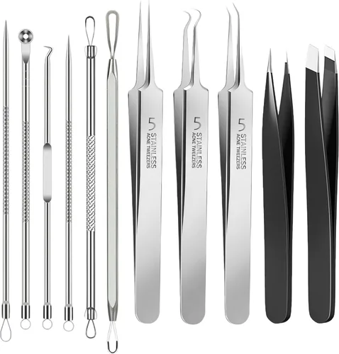 Kit de herramientas para eliminar puntos negros, juego de 11 piezas de extractor de acné de acero inoxidable, pinzas ultra afiladas para eliminación