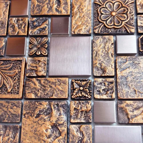 Miniatura 3 de Hominter Azulejo de mosaico de bronce y metal cepillado de resina texturizada de cobre decorativo para salpicaduras de cocina, pared de baño