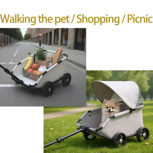 Miniatura 5 de Cochecito de lujo para mascotas, gris, diseño plegable con toldo ajustable, vagón para perros pequeños y gatos, con mango extendido
