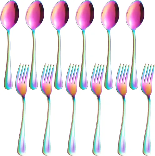 Miniatura 7 de Juego de 12 cucharas y tenedores, cubiertos de acero inoxidable de grado alimenticio, 6 tenedores (6.8 pulgadas) y 6 cucharas (6.6 pulgadas), juego