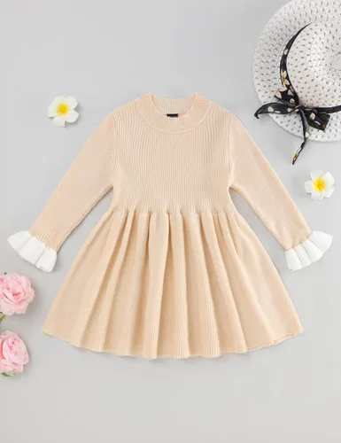 Miniatura 5 de Glaoly Vestido de manga larga con volantes de color sólido para niñas pequeñas, vestidos de otoño e invierno