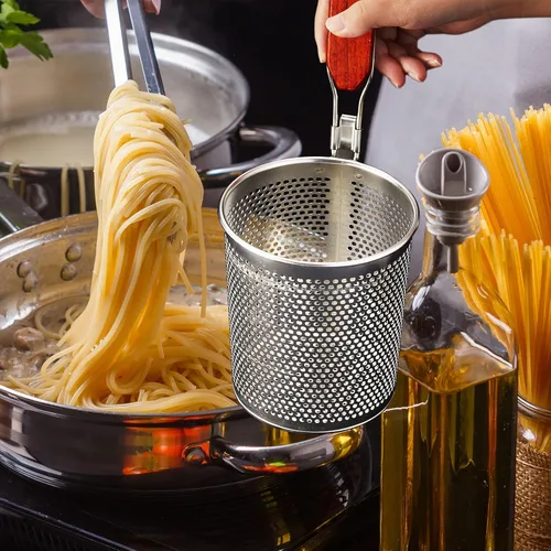 Miniatura 6 de Tessco - 4 coladores de pasta, 4.7 x 5.2 pulgadas, cesta de pasta de acero inoxidable con mango de madera, colador de araña, desnatador de cocina