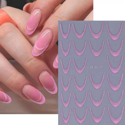 Miniatura 3 de Calcomanías de uñas de línea francesa, calcomanías de uñas de punta francesa con purpurina colorida 3D, autoadhesivas en 3D, puntas de uñas de línea