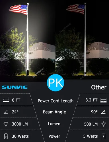 Miniatura 3 de SUNVIE - Paquete de 2 focos LED para exteriores de 30 W, foco ultrabrillante de 120 V, 3000 lm, con poste de bandera de metal, luz de inundación