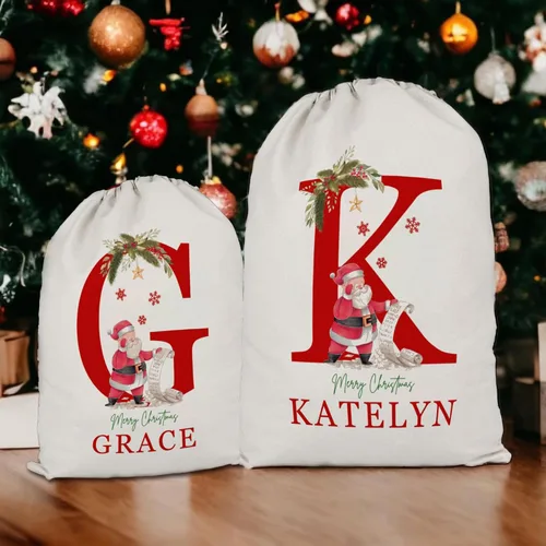 Miniatura 6 de JugJug Bolsas de regalo personalizadas de Navidad con inicial y nombre, cajas de lona de Santa Claus, bolsas de Navidad con cordón para niños