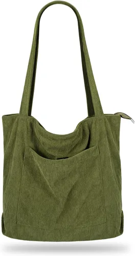Miniatura 19 de Bolso de pana Iioscre para mujeres, bolsos hobo con cierre de cremallera, bolsos de hombro casuales de gran capacidad con bolsillos interiores