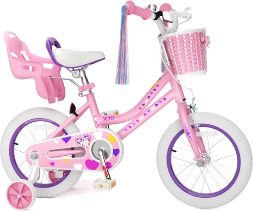 Miniatura 9 de XJD Bicicleta para niñas de 2 a 12 años, bicicleta para niños de 12, 14 y 16 pulgadas, con ruedas de entrenamiento, serpentinas, cesta y asiento