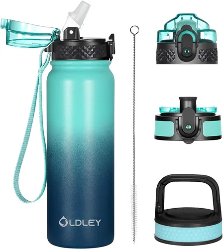 Miniatura 19 de Botella de agua aislada Oldley de 12 oz con pajita, botella de agua de acero inoxidable con 2 tapas, botellas de doble pared con vacío para adultos