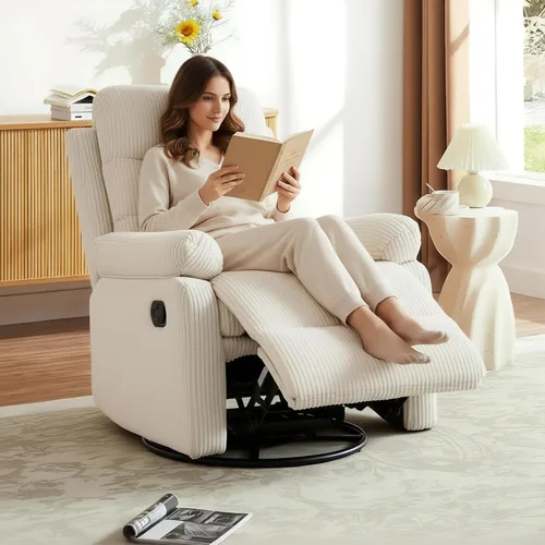 Miniatura 3 de Silla reclinable mecedora, moderna silla reclinable giratoria, sillón reclinable de tela de pana, sillón reclinable manual para sala de estar, Beige