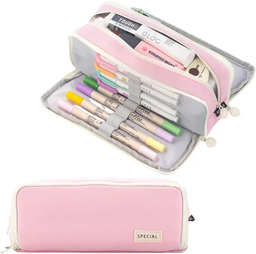 Miniatura 11 de iSuperb - Estuche grande para lápices con gran capacidad, de lona, con 3 compartimentos, bolsa para bolígrafos, bolsa de marcadores