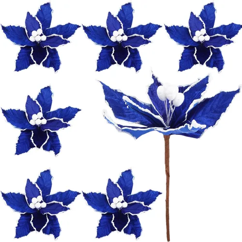 Miniatura 14 de Zeyune 6 Piezas Flores de Pascua Azules de Navidad Artificiales Grandes Espinas de Pascua Falsas Flores de Franela con Borde Helado para Adornos