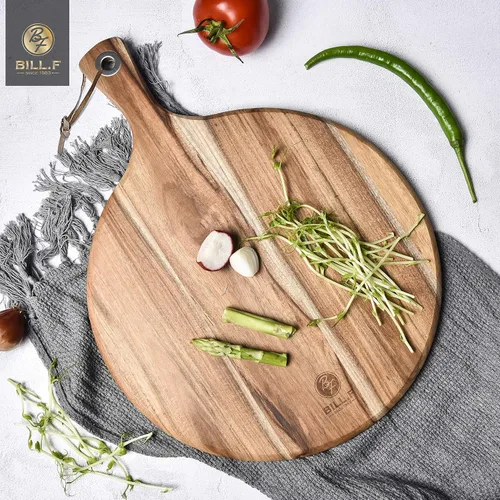 Miniatura 5 de BILL.F Pala para Pizza de Madera de Acacia, Tabla de Cortar de 10", Tabla de Paddle para Queso, Bandeja de Pan y Galletas para Servir y Preparación