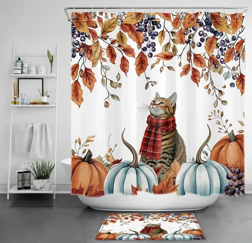Miniatura 42 de LB Cortina de ducha de otoño para baño, divertido gato negro con fantasma en la bañera en el bosque de otoño, cortina de ducha de tela de cosecha