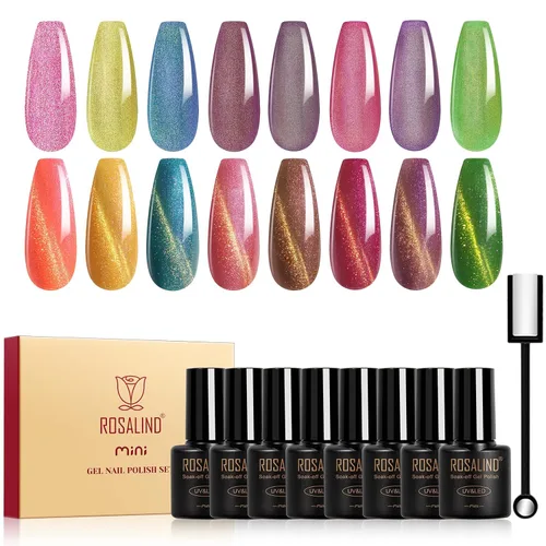 Miniatura 13 de ROSALIND Cateye - Esmalte en gel, 8 colores con purpurina magnética de ojo de gato, juego de esmalte de uñas de gel con imán, esmalte de gel