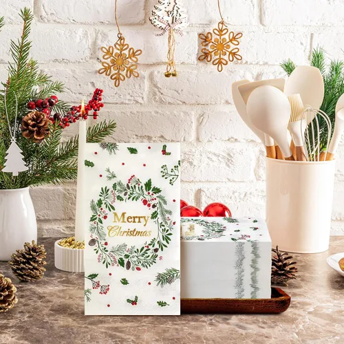 Miniatura 6 de Karenhi 200 Piezas Servilletas de Invitados Feliz Navidad Bayas de Acebo Toallas de Mano Desechables para Baño 2 Capas Servilleta Decorativa