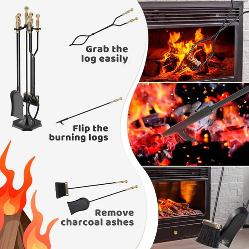 Miniatura 4 de Juego de 5 herramientas para chimenea de 31 pulgadas, herramientas de hierro forjado con mango ergonómico, juego de accesorios para chimenea incluye