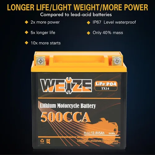 Miniatura 6 de Weize Batería de litio YTX14-BS, grupo 14, 500A LiFePO4 para motocicleta, 12V 5AH ATV, UTV, moto acuática, 4 ruedas, motos de nieve, embarcaciones