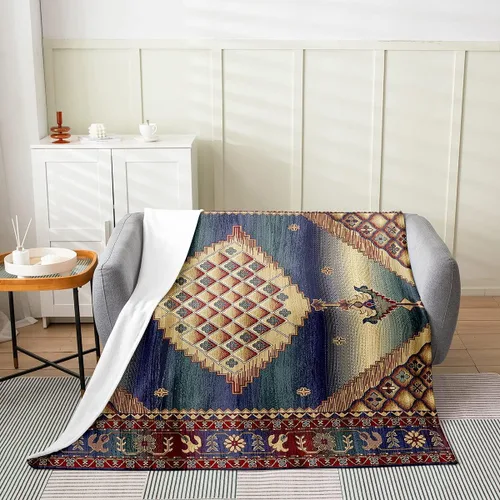 Miniatura 2 de Erosebridal Manta Bohemia de Tiro 40x50 Pulgadas, Retro Azul Amarillo Degradado Rojo Floral Bohemio Tribal de Vellón, Vintage Antiguo Enrejado