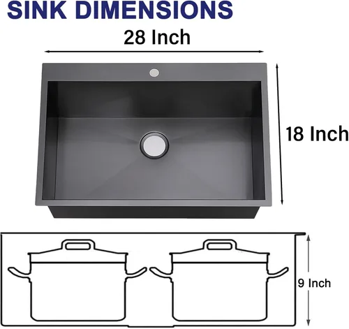 Miniatura 3 de VAPSINT Fregadero de cocina negro empotrable de 28 pulgadas, fregadero de cocina de acero inoxidable calibre 16 negro metálico de montaje superior