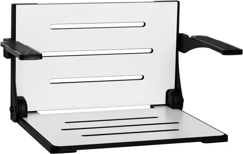 Seachrome Silhouette Comfort Asiento plegable para regadera con montaje en pared y brazos, asiento con respaldo, color blanco con marco negro mate