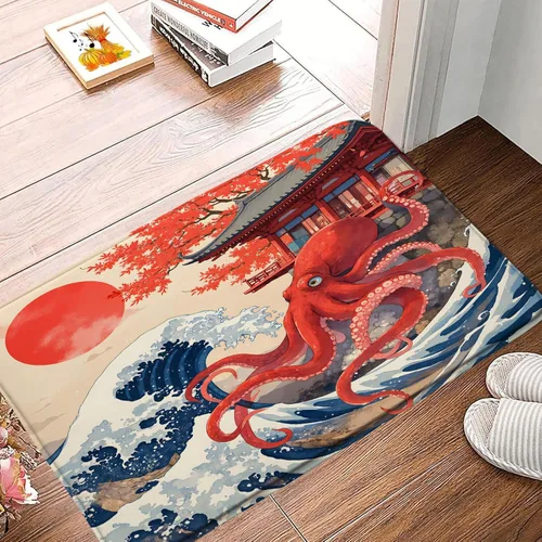 Tapete de baño de pulpo naranja, azul, grandes olas, flor de cerezo, sol, retro, océano, animal Kraken, vintage, decoración de baño, tapete de baño,