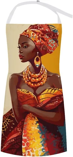 MUSM Apron for Adults - 27.6 X 31.5 Inch, Heavy-Duty Polyester Aprons with Two Large Pockets, Waterproof Traditional African Girl Painting Kitchen