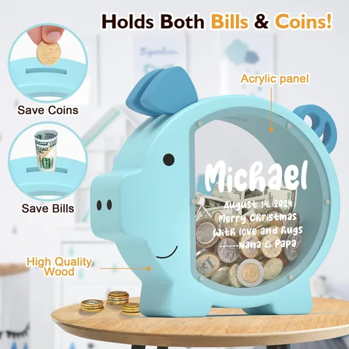 Miniatura 4 de Summidate Alcancía de madera para niños, niñas, niños y adultos, grandes facturas irrompibles, cambio de monedas, tarro de ahorro de dinero, regalo
