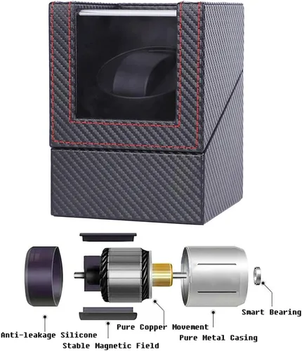 Miniatura 3 de Bobinadora automática de un solo reloj, en carcasa de madera y cuero negrocuero de fibra de carbono, motor japonés