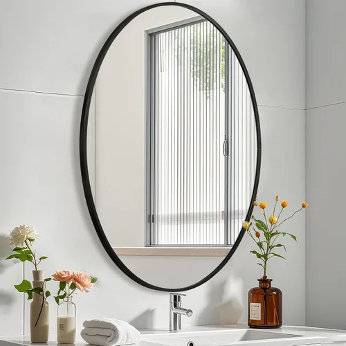 Miniatura 16 de Espejo ovalado dorado para baño, espejo de baño ovalado de 20 x 28 pulgadas con marco de metal cepillado, espejo de tocador decorativo montado