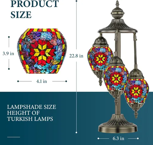 Miniatura 2 de Marrakech Lámpara turca de mesa marroquí de 3 globos con base de bronce, 23 pulgadas de alto, hecha a mano, colorido, mosaico Tiffany, lámpara