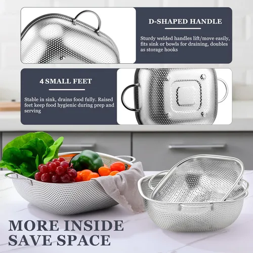 Miniatura 5 de E-far Paquete de 3 coladores para cocina, colador cuadrado de metal de acero inoxidable con asa para drenar alimentos, pasta, verduras