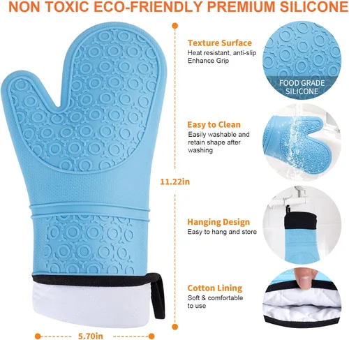 Miniatura 3 de Guantes de horno de silicona resistentes al calor, impermeables, mango flexible, lavable para comida caliente, color azul, extra largo