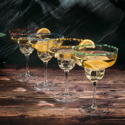Miniatura 7 de Vasos de cóctel Margarita de 12 onzas + bordes coloridos para fiesta, juego de 4, resistentes, gruesos, soplados a mano, copas clásicas de bebidas
