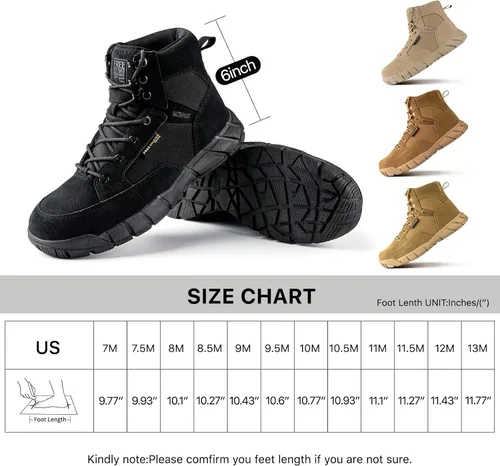 Miniatura 9 de FREE SOLDIER Botas de trabajo duraderas para hombre, 6 pulgadas, ligeras, impermeables, botas de senderismo, botas tácticas de cuero de gamuza