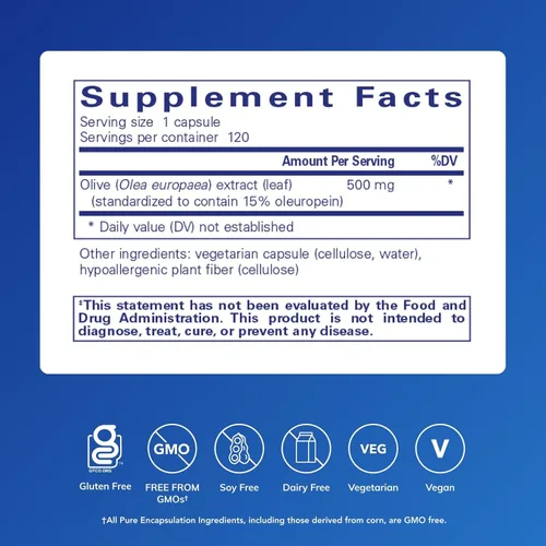 Miniatura 2 de Pure Encapsulations Extracto de hoja de olivo Suplemento hipoalergénico que apoya el sistema inmunológico y el ambiente intestinal saludable 120