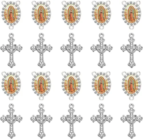 Miniatura 14 de Juego de 20 piezas de conectores de medalla de santos católicos con diamantes de imitación y dijes de cruz de cristal para suministros religiosos