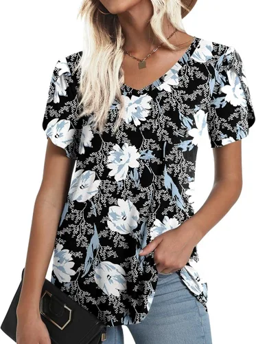 Miniatura 2 de CATHY - Camisetas informales de verano 2022 para mujer camisetas de manga corta con cuello en V y pétalos blusa holgada y cómoda ligera y bonita