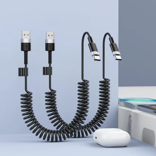 CarPlay - Paquete de 2 cables de carga en espiral USB A a USB C para iPhone 15, cable de carga corto para automóvil/Uber, sincronización de datos,