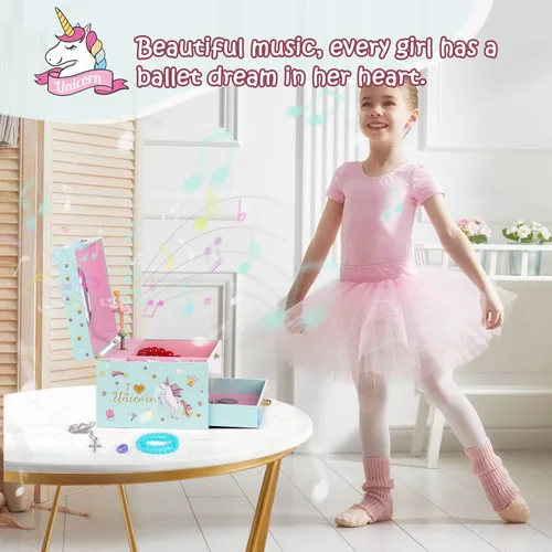 Miniatura 6 de Joyero para niñas, caja musical para niñas, organizador de joyas de bailarina para niña pequeña con collar de unicornio y pulsera, regalos