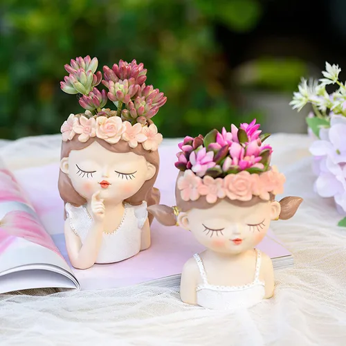Miniatura 9 de Maceta pequeña con cabeza de hada, bonitas macetas para suculentas, maceta de cara de niña, mini macetas de resina con orificio de drenaje, jarrón