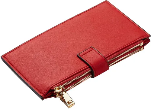 Miniatura 5 de Travelambo Billeteras de cuero para mujer, delgada, con bloqueo RFID, billetera plegable para tarjetas de crédito, Rojo Clásico, Moda