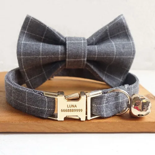 Miniatura 2 de PETDURO Collares de gato a cuadros hechos a mano personalizados con campana y hebilla de metal grabada con nombre personalizado para gatos lindos