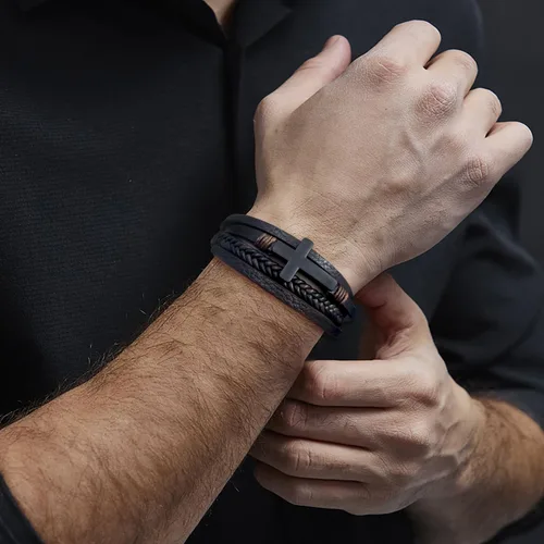 Miniatura 5 de Pulsera de cuero para hombre con cruz de fe trenzada de múltiples capas, pulsera religiosa para hombres y mujeres