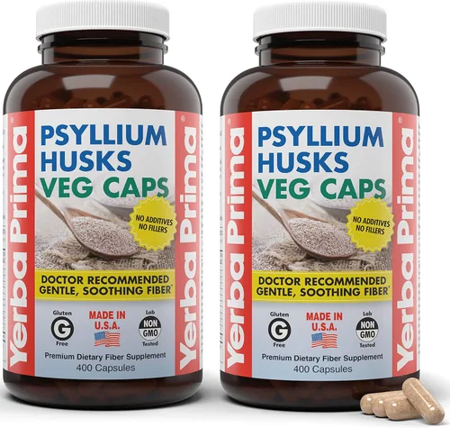Yerba Prima Cápsulas vegetales de cáscara de psyllium, 400 cápsulas (625 mg) (paquete de 2) – Vegano, sin OMG, sin gluten, limpiador de colon,