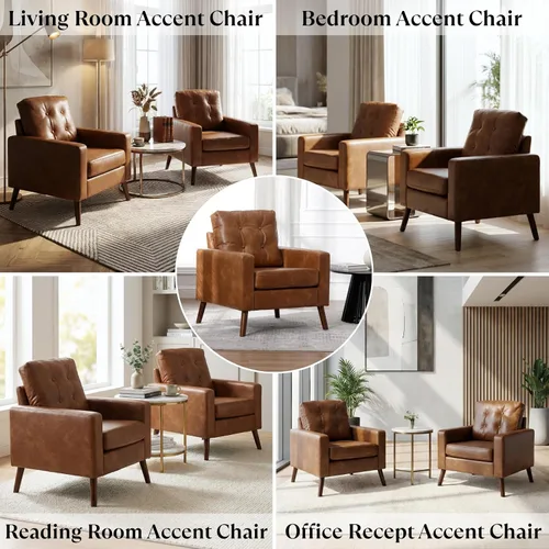 Miniatura 7 de BESTANO Silla decorativa marrón, sofá individual copetudo de piel sintética, silla de club de gran tamaño, sillón moderno de mediados de siglo