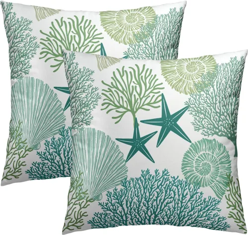 Fundas de cojín decorativas con temática de verano náutica costera de 12 x 12 pulgadas, juego de 2 fundas de cojín de color aguamarina azul verdoso