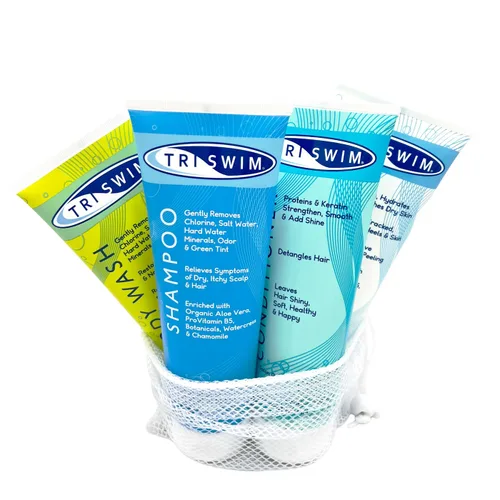 Miniatura 6 de TRISWIM Juego de chupitos en bolsa de viaje Champú de eliminación de cloro de tamaño de viaje de 2 onzas, acondicionador de nadador, gel de baño