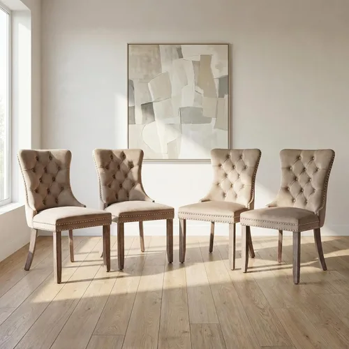 Miniatura 9 de OVENTA Juego de 4 sillas de comedor modernas tapizadas copetudas, terciopelo negro y gris y cuero con patas de madera maciza, sillas de cocina